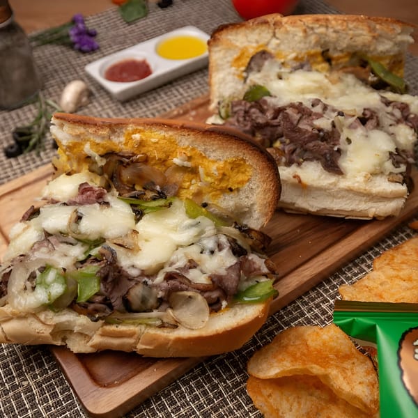 Two halves of a Philly cheesesteak sandwich with melted cheese, peppers, and onions, served with chips.