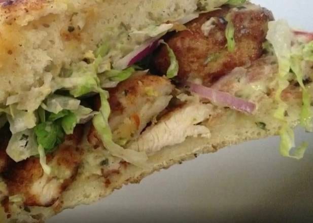 Fried chicken focaccia sandwich.