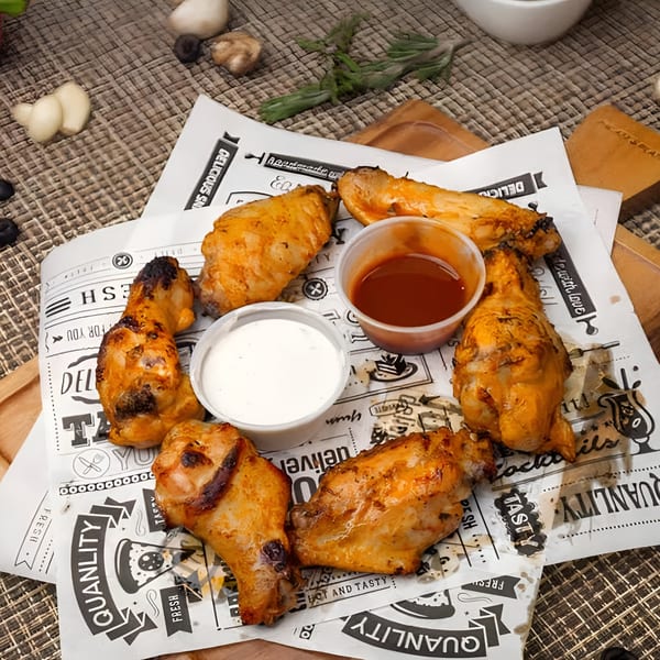 Six golden-brown chicken wings with two dipping sauces on branded paper, on a wooden surface.